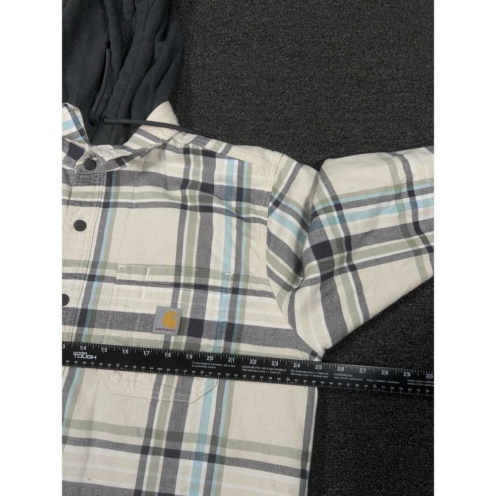 Carhartt Jacket Mens Large Plaid Fleece Lined Hooded Flannel Shacket Shirt Ivory - Picture 6 of 6